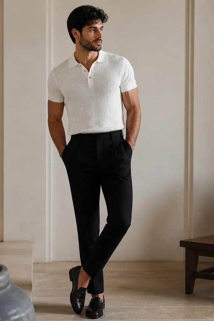 A model wearing a white knit polo (short sleeves, collar) tucked into black dress pants, with brown-black loafers. The lighting shows the knit texture clearly.