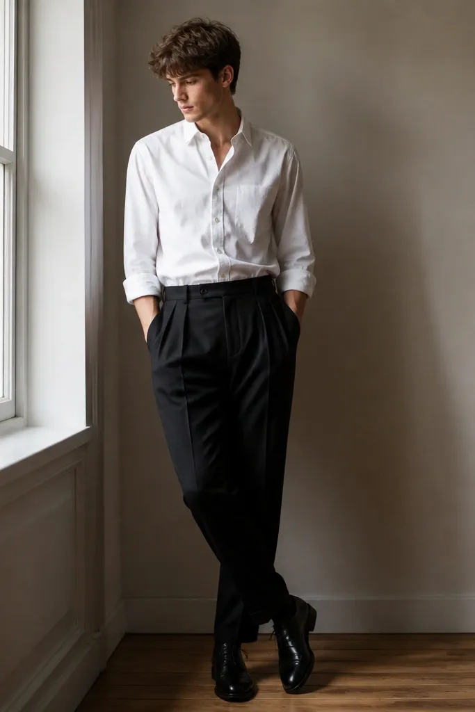 A model in a white poplin shirt tucked into black pleated trousers with visible pleats at the waist. Black lace-up oxfords complete the look, with a dark tie tucked or absent.