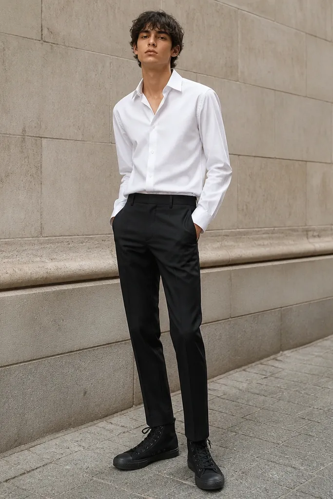 A model wearing a white dress shirt tucked into black suit pants with a clean crease, paired with black high-top sneakers. The photo shows a modern street style vibe.