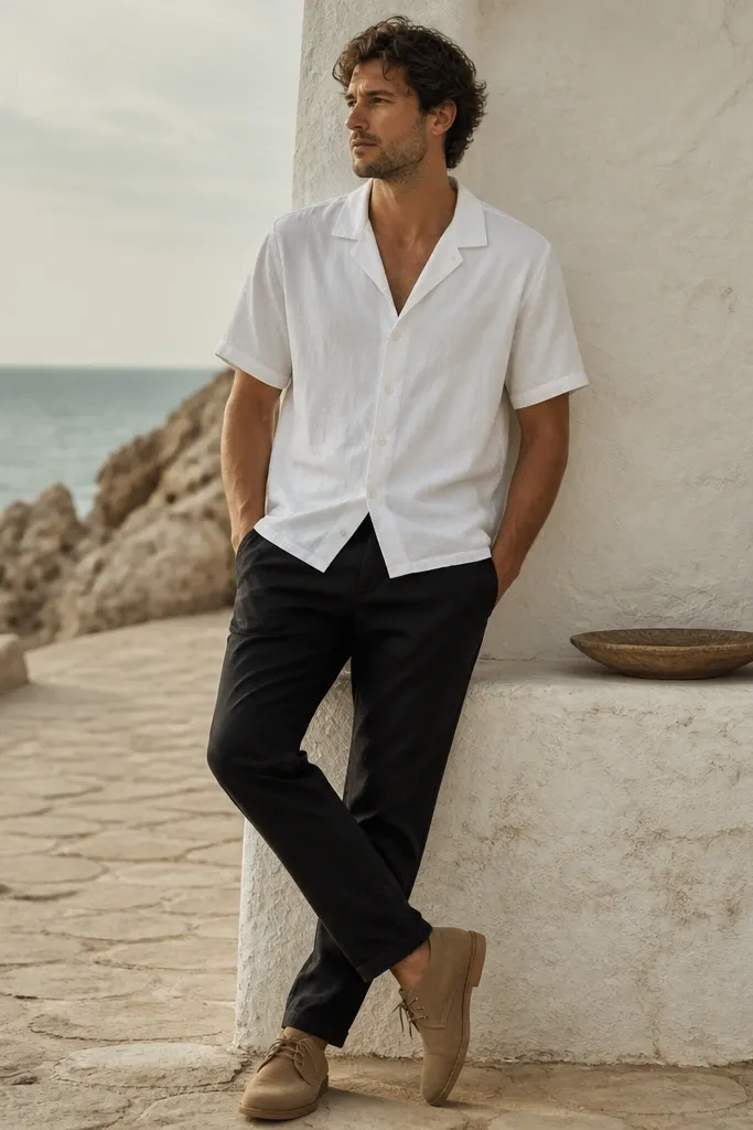 A model in a white camp-collar button shirt worn open at the neck, paired with black chinos and brown suede desert boots. The outfit looks relaxed and summer-leaning.