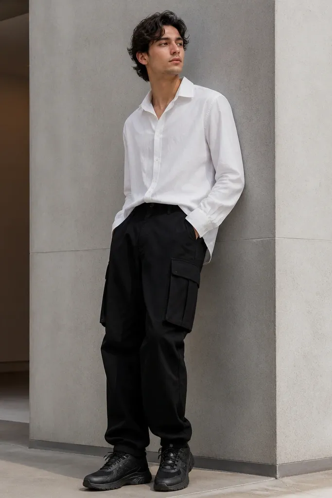 A model wearing a white long-sleeve shirt half-tucked into black cargo pants with visible pockets, paired with black running-style sneakers. The lighting shows pocket details.