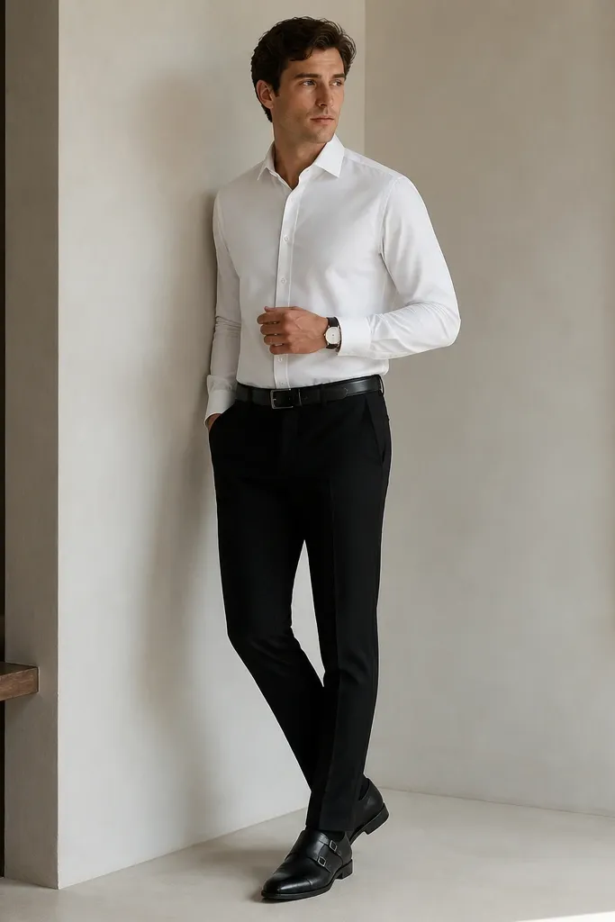 A model wearing a white dress shirt tucked into black slim trousers, wearing black monk-strap shoes. The outfit is styled with a minimal watch and a clean belt.