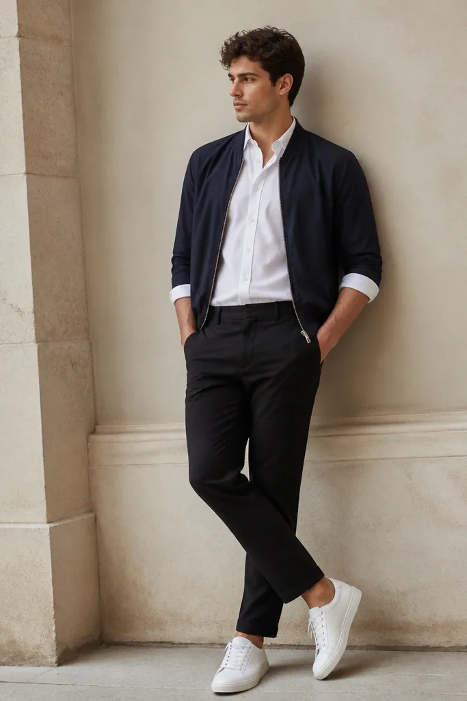 A model wearing a white button-up with sleeves rolled to mid-forearm, tucked into black chinos. A navy bomber jacket is worn over the shirt, with white sneakers.