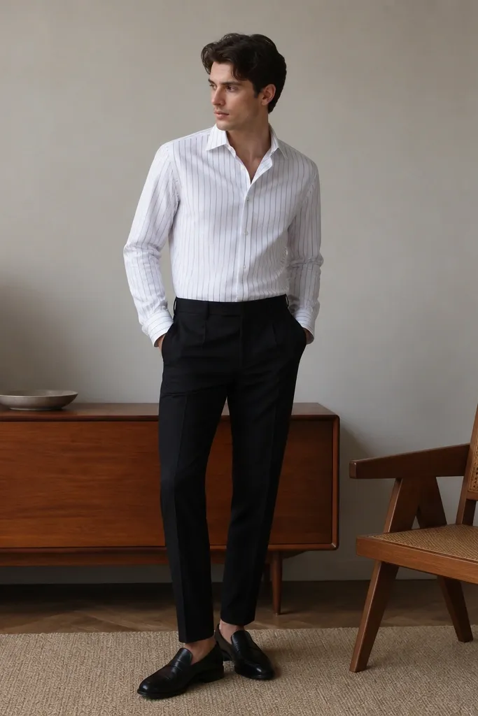 A model wearing a white shirt with thin light stripes (blue or gray) tucked into black trousers, wearing black loafers. The outfit is photographed indoors with soft lighting.