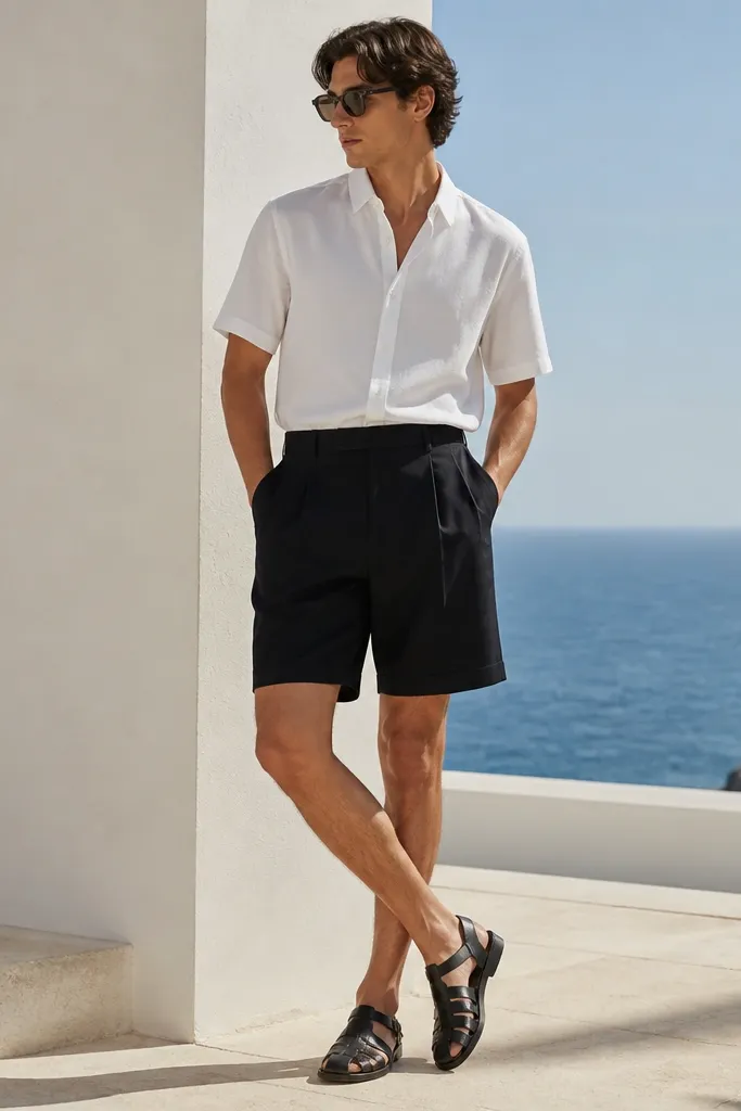 A model wearing a white short-sleeve shirt tucked into black pleated shorts, with black leather sandals. The look is styled for hot weather with bright outdoor light.
