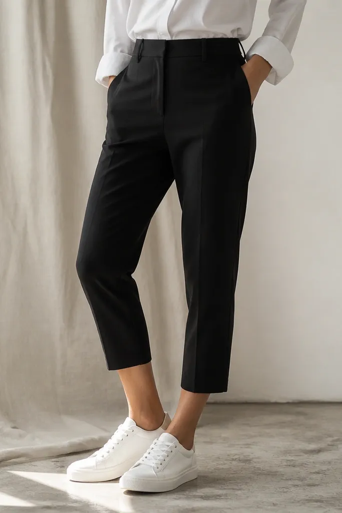 A model wearing a white poplin shirt tucked into black cropped trousers with a high hem showing the ankle, paired with white sneakers. The outfit is photographed from the waist down.