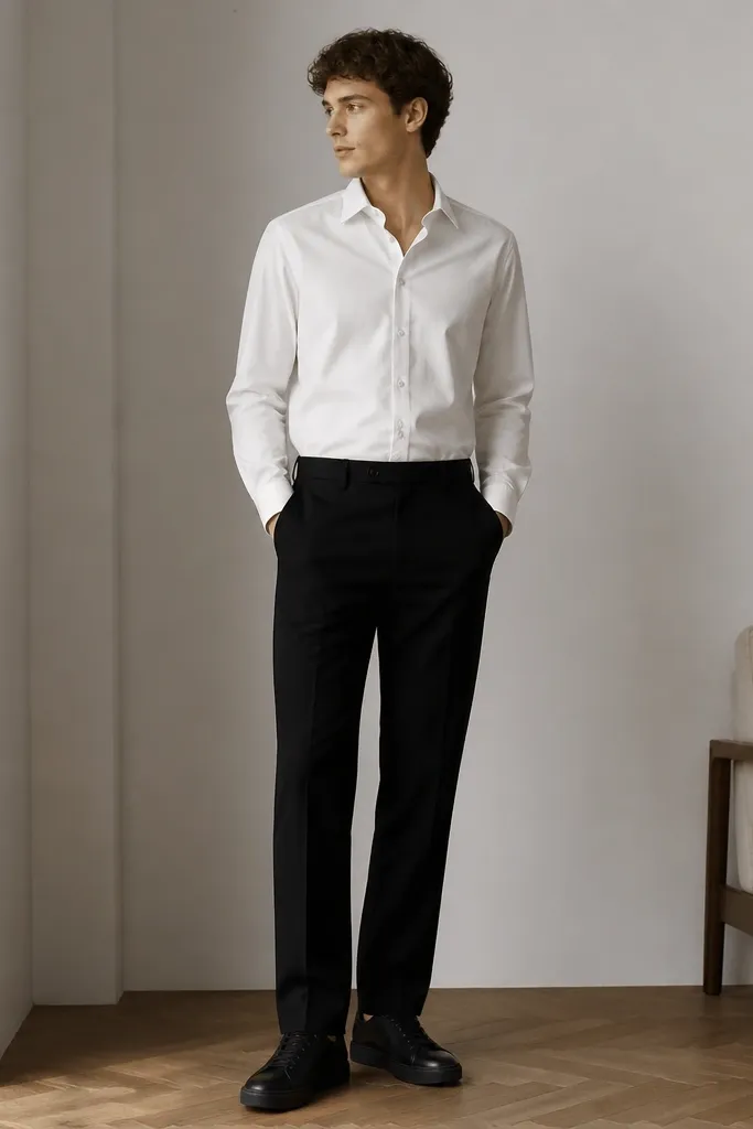 A model wearing a white button-up shirt tucked into black straight-leg pants, paired with black leather sneakers. The look is clean and minimal, photographed indoors.