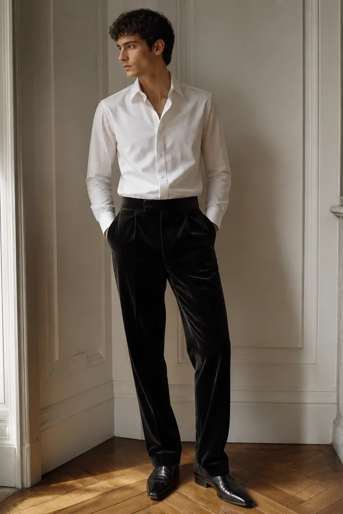 A model wearing a white dress shirt tucked into black velvet pants with a subtle sheen, paired with black pointed-toe dress shoes. The lighting shows the velvet texture.