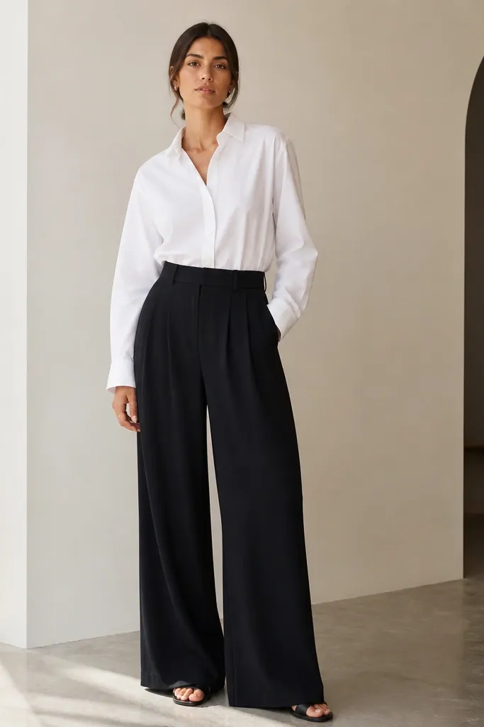 A model wearing a white button-up shirt tucked into black wide-leg trousers, paired with black leather sandals. The wide hems fall straight and create a strong silhouette.