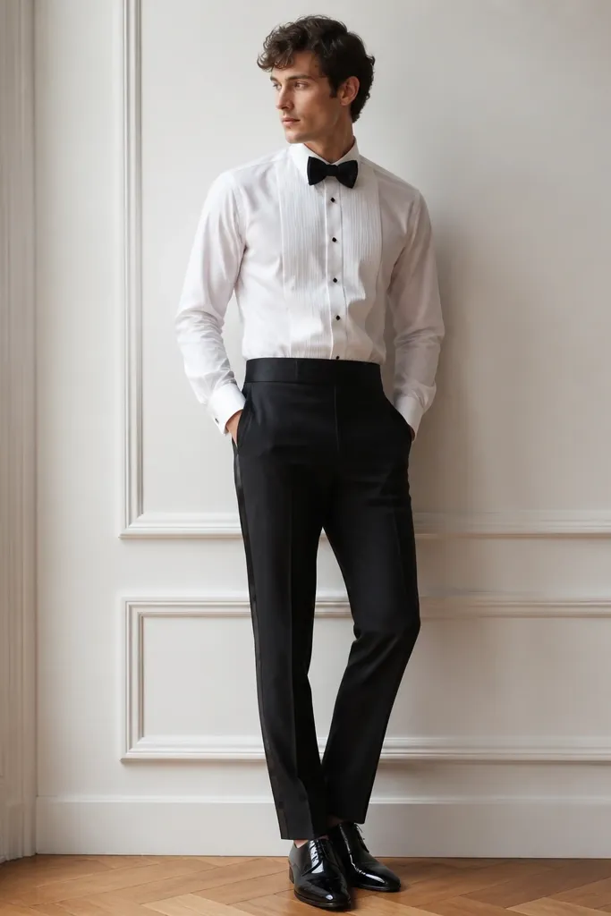A model wearing a white dress shirt tucked into black tuxedo-style trousers with satin stripe details, paired with a black bow tie and black dress shoes. The outfit looks formal and photo-ready.