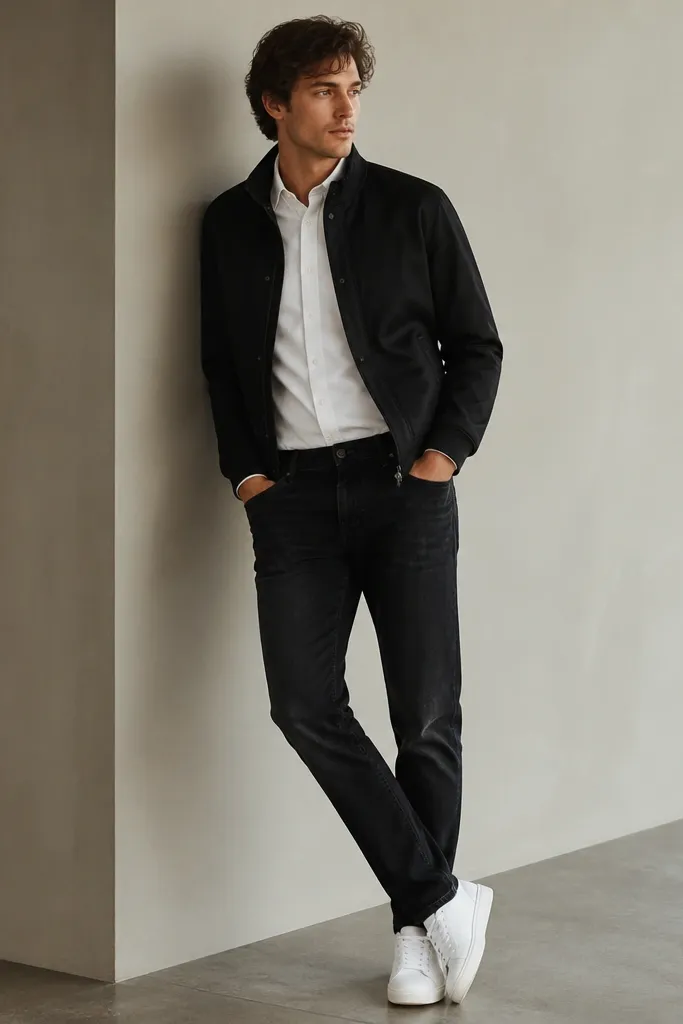 A model wearing a white shirt tucked into black denim jeans, layered under a black jacket, with white sneakers. The denim texture is visible and the jacket is zipped or buttoned.