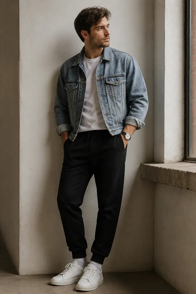 A man wearing black sweatpants with a vintage light-wash denim jacket. He has on white low-top sneakers, crew socks, and a simple watch. The jacket cuffs are slightly rolled and the hem sits around the belt line.