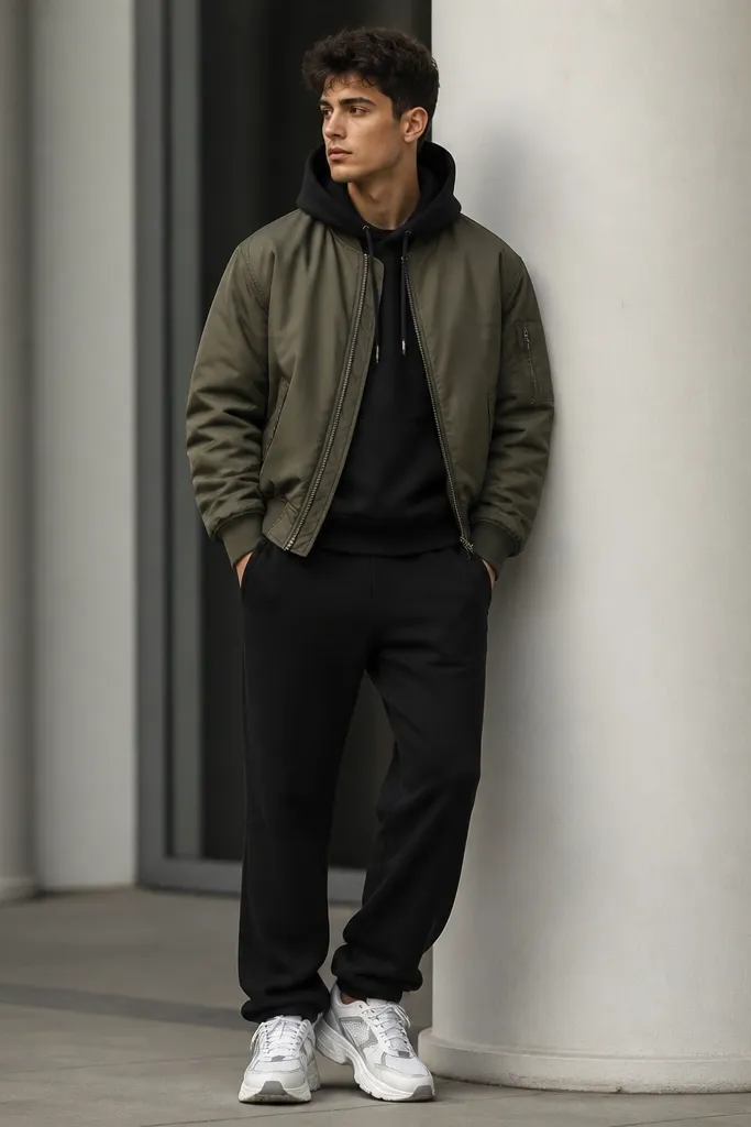 Black sweatpants paired with a black pullover hoodie and an olive bomber jacket. The bomber has a ribbed collar and cuffs. The shoes are thick-soled white-and-gray chunky sneakers.