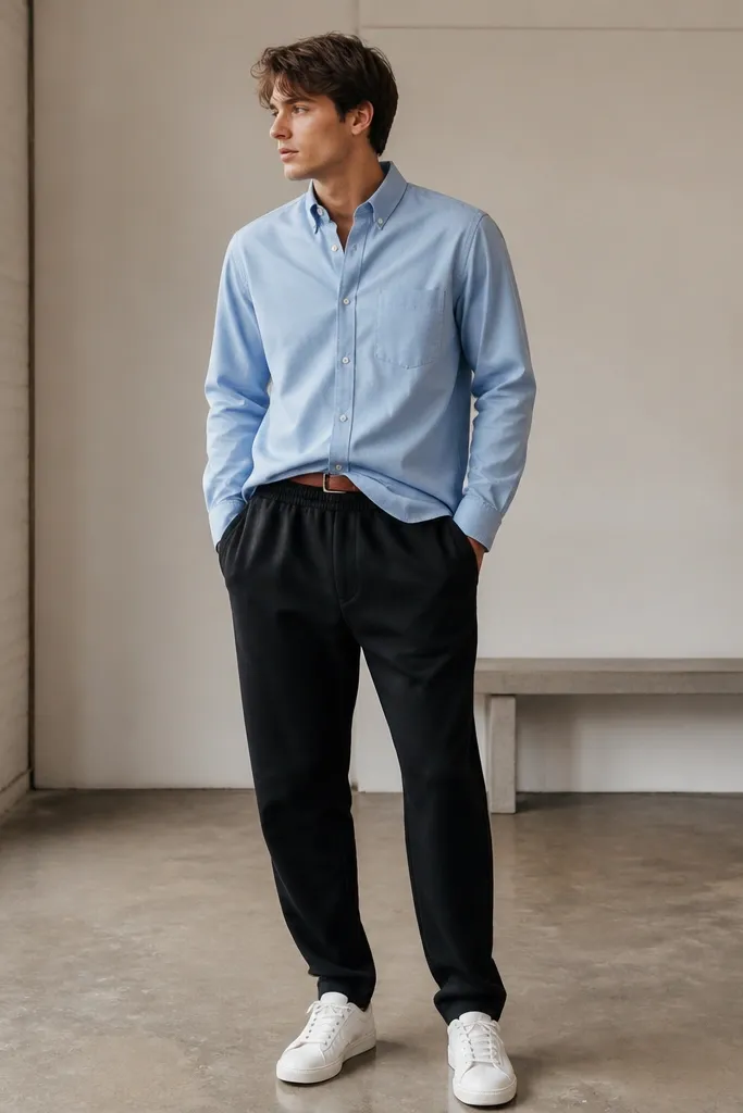 Black sweatpants with a light blue Oxford button-down shirt. The front is half-tucked at the waistband while the back hangs slightly longer. White sneakers and a brown belt peek at the waist.