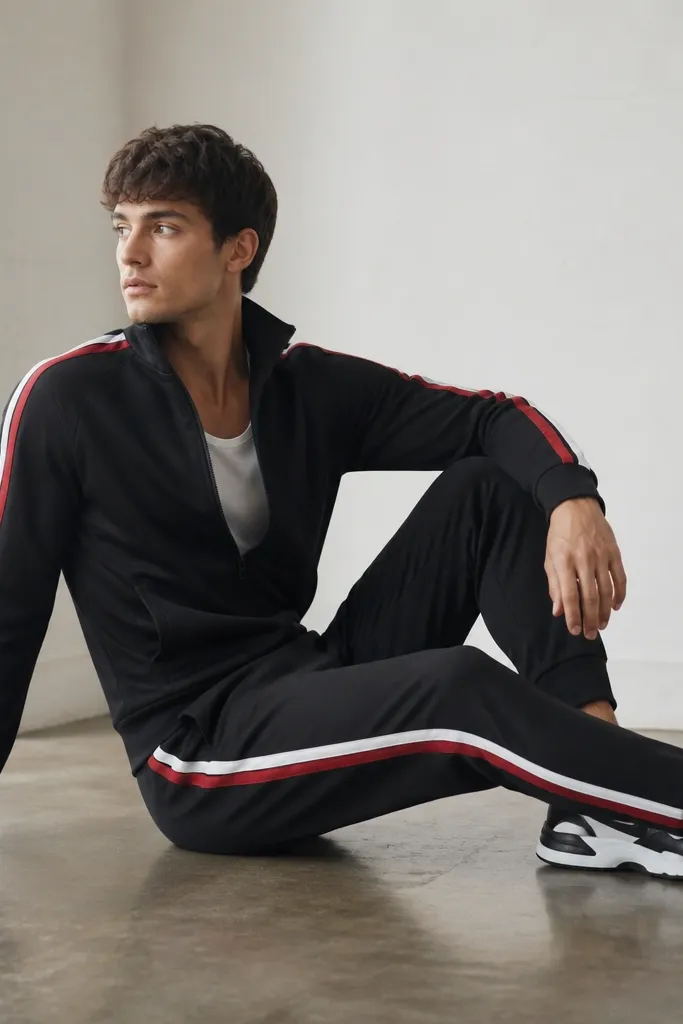 Black sweatpants with a track jacket that has white and red side stripes. The jacket is zipped halfway with a stand collar. The shoes are black-and-white athletic sneakers.