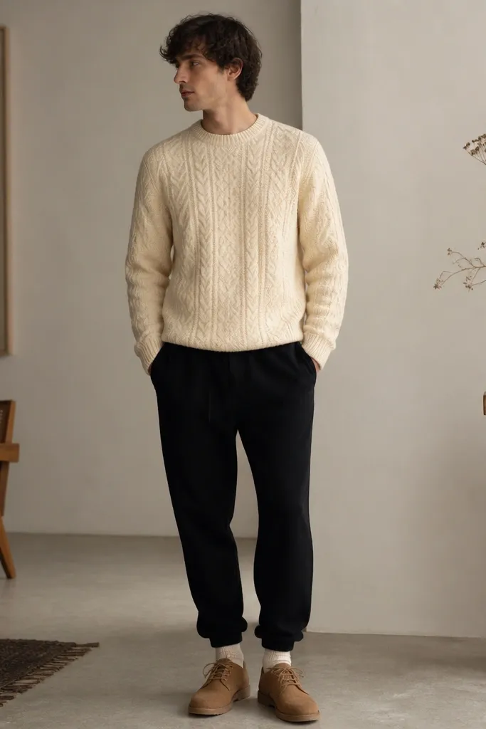 Black sweatpants styled with a cream cable-knit sweater. The sweater has a crew neck and slightly dropped shoulders. The shoes are tan suede chukkas, and the socks are cream.