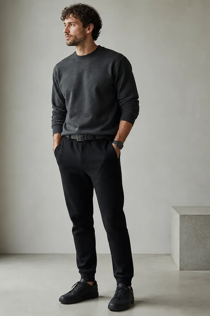 Black sweatpants with a charcoal gray crewneck sweatshirt. A black leather belt is visible at the waistband. Shoes are black minimalist sneakers, and there's a matte black watch.