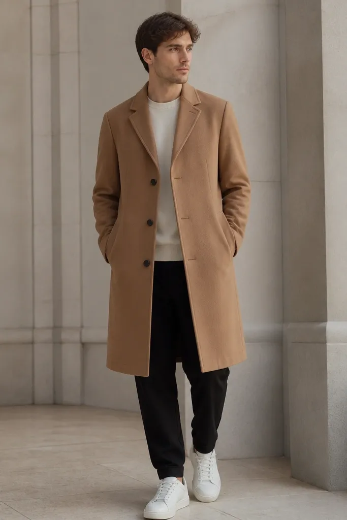 Black sweatpants styled with a camel overcoat. The coat is knee-length and buttoned, with a simple crewneck underneath. White sneakers keep the look casual.