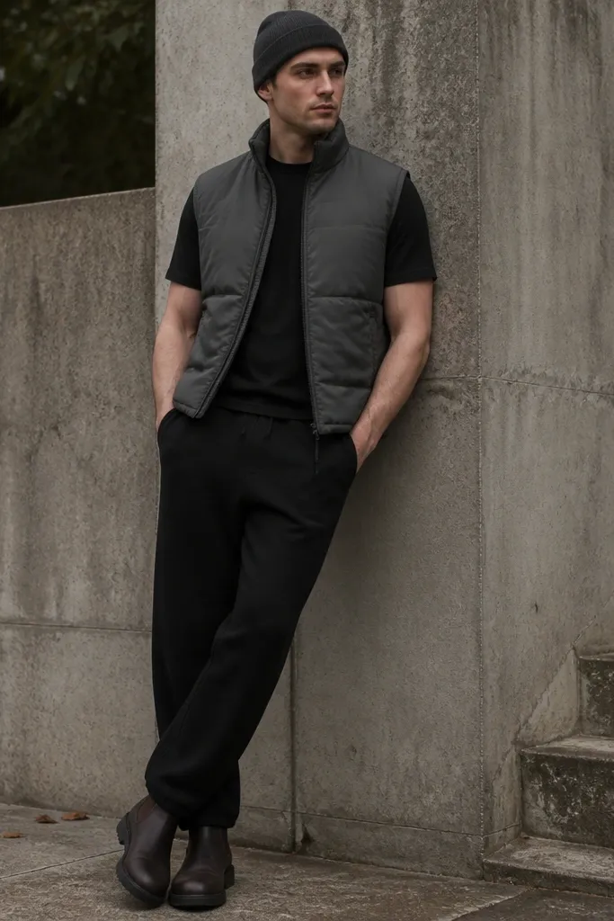 Black sweatpants with a charcoal puffer vest over a black t-shirt. The man wears dark brown leather boots. A beanie sits on top, and the vest is slightly padded at the shoulders.