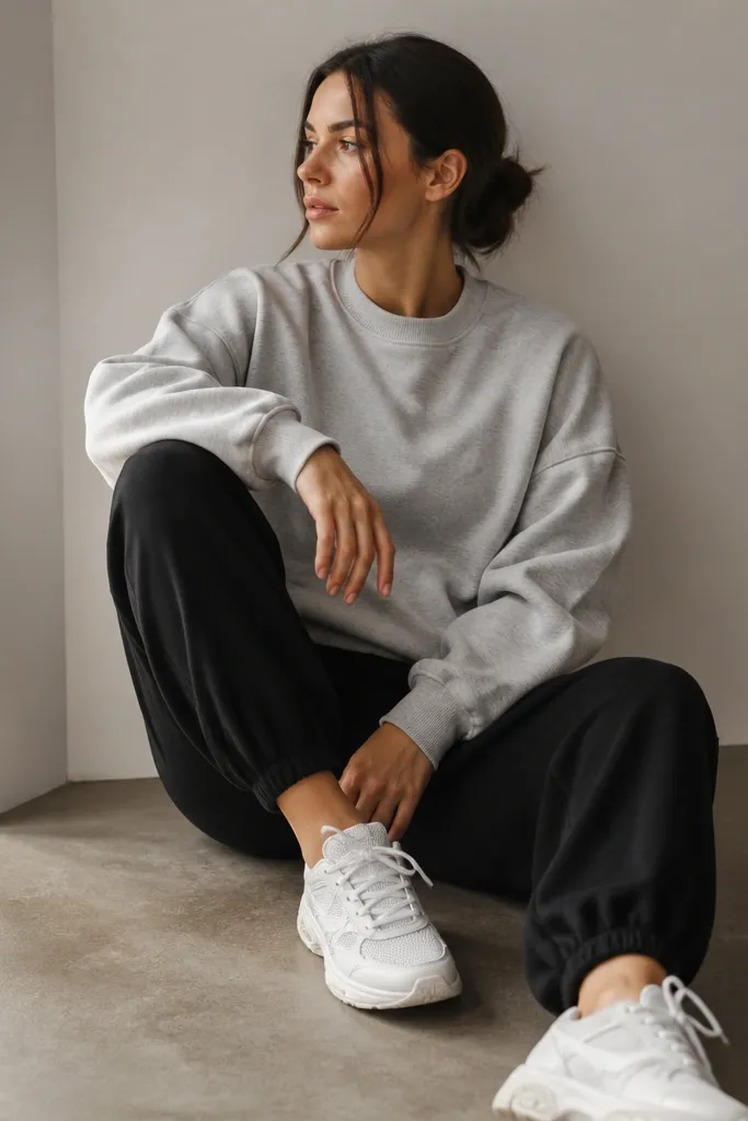 Black sweatpants paired with a light gray sweatshirt. The sweatshirt has a relaxed fit and ribbed cuffs. White trainers and a small white logo on the chest are visible.