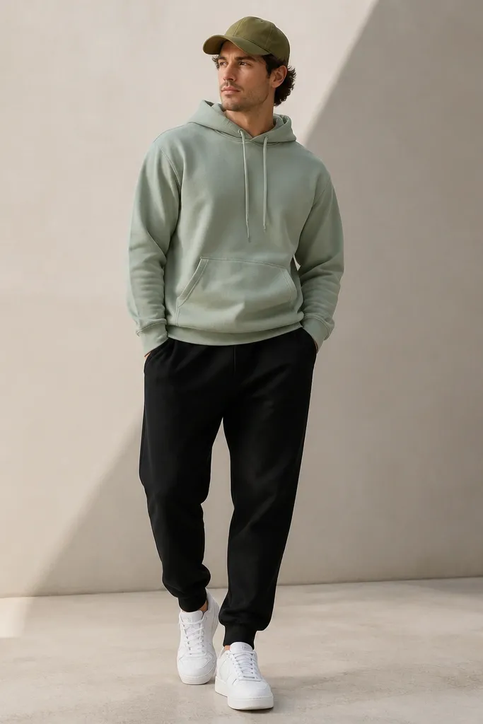 Black sweatpants with a sage green hoodie. The hoodie has a front pocket and drawstrings. The man wears an olive cap and white sneakers.