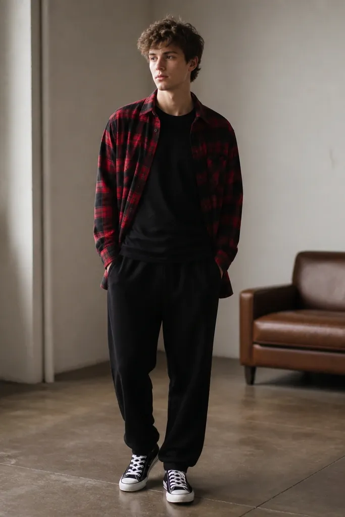 Black sweatpants with a black t-shirt and an open red-and-black flannel shirt. The flannel hangs over the tee. The shoes are classic black Converse with white rubber toe caps.