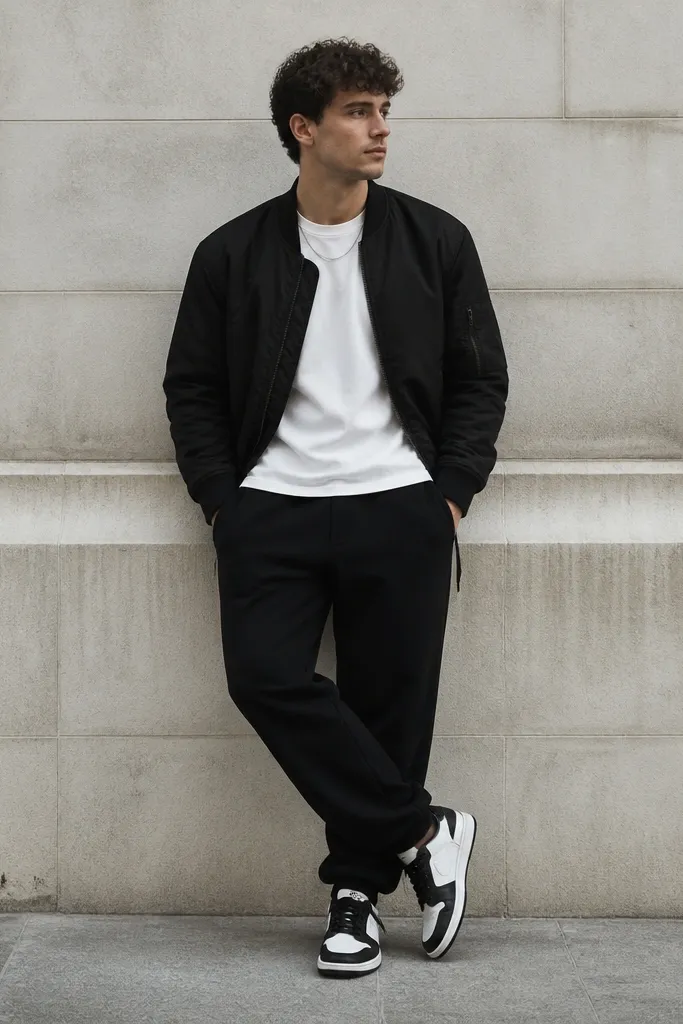 Black sweatpants with a crisp white t-shirt and a black bomber jacket. A silver chain is visible above the tee collar. Shoes are black-and-white sneakers.