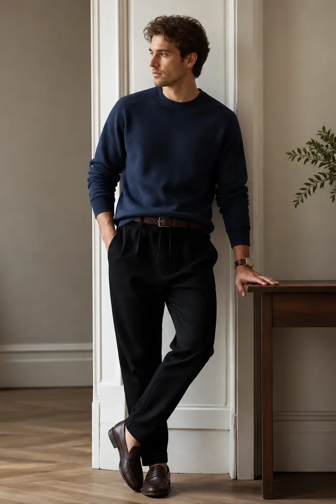 Black sweatpants styled with a navy crewneck sweatshirt. The shoes are brown loafers. The man wears a brown leather watch strap and a simple belt.