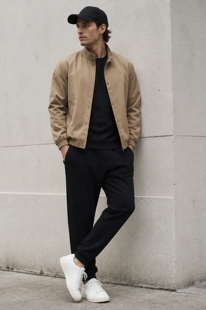 Black sweatpants with a tan Harrington jacket. The jacket has a snap button front and elastic cuffs. The man wears white sneakers and a simple black cap.