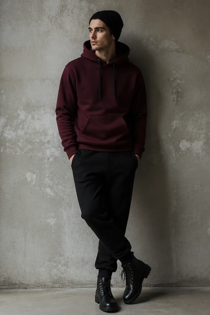 Black sweatpants with a burgundy hoodie. The man wears black lace-up boots and a dark beanie. The hoodie strings are black and the fabric looks thick.