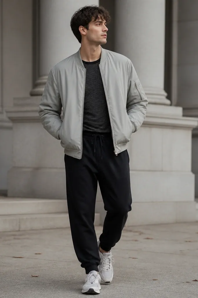 Black sweatpants paired with a light gray bomber jacket. Under it is a black-and-gray striped tee. Shoes are white/gray runners with a mesh upper.