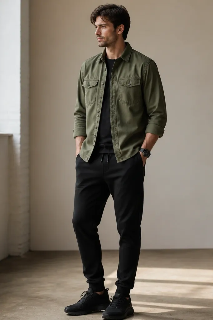 Black sweatpants with an olive military-style shirt. The shirt has chest pockets and a button-down front worn slightly open. The man wears black sneakers and a simple black watch.