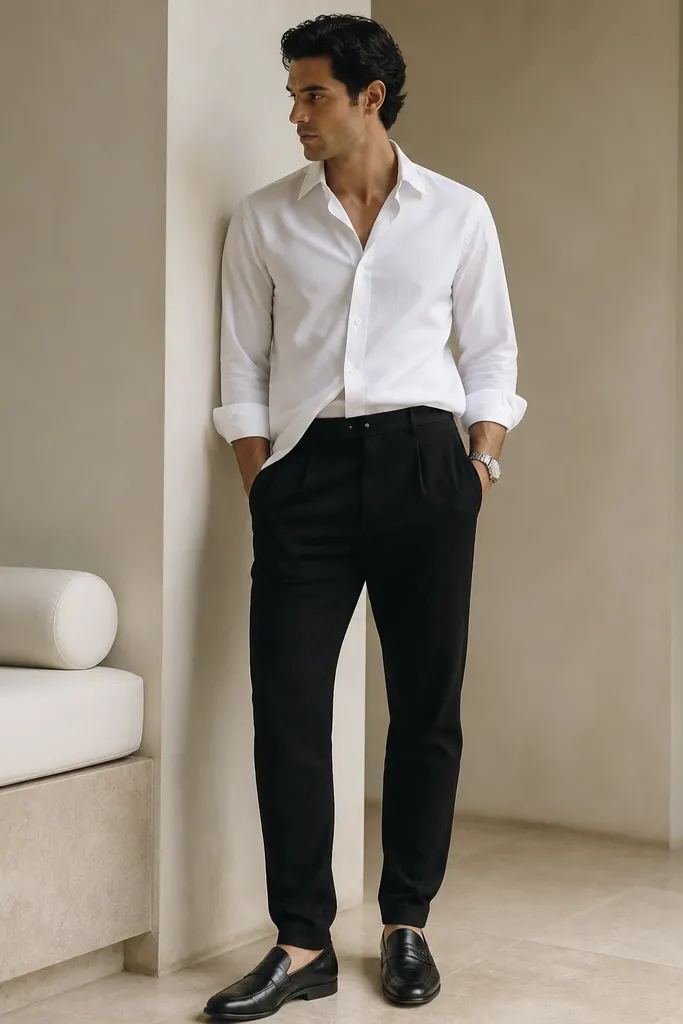 Black sweatpants with a crisp white button-down shirt. The shirt is untucked in the back and half-tucked in the front. The man wears black loafers and a black belt, with a minimal silver watch.