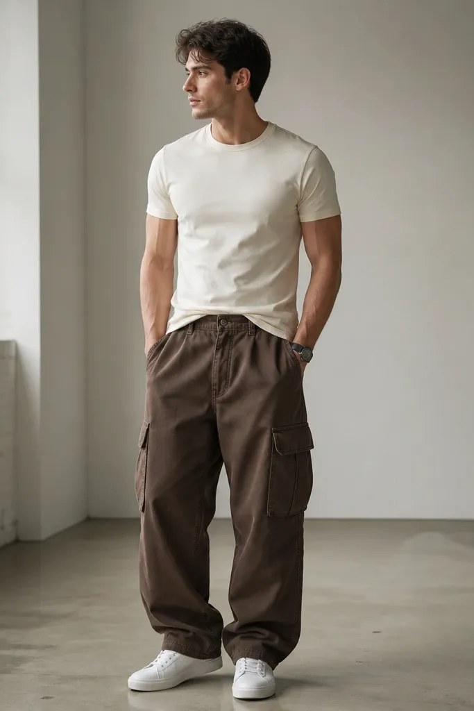 A man wearing loose brown baggy cargo pants, a cream fitted crewneck tee tucked just at the front, and clean white low-top court sneakers. The photo shows the pants stacking slightly over the shoes and a simple black watch on the wrist.