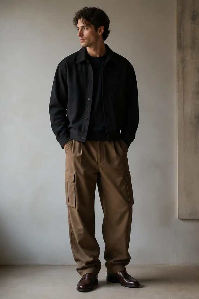 A man in black overshirt layered over a dark tee, wearing tan brown baggy cargo pants. He has dark brown leather-look loafers and the overshirt is buttoned halfway. The image shows clean lines at the waist and the cargos draping with a mild stack at the hem.