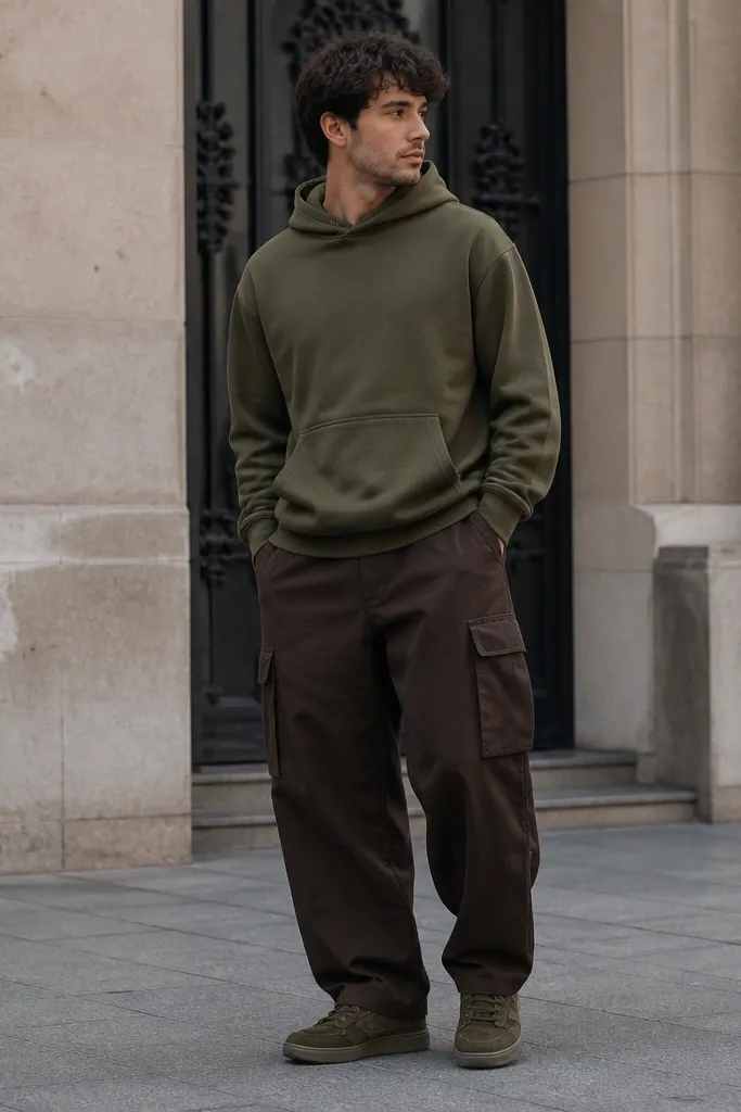 A man wearing an olive green pullover hoodie with the hood down, paired with dark brown baggy cargo pants. He has olive suede sneakers and the pants show side pocket flaps. The photo has a casual street setting and the outfit looks soft and grounded.