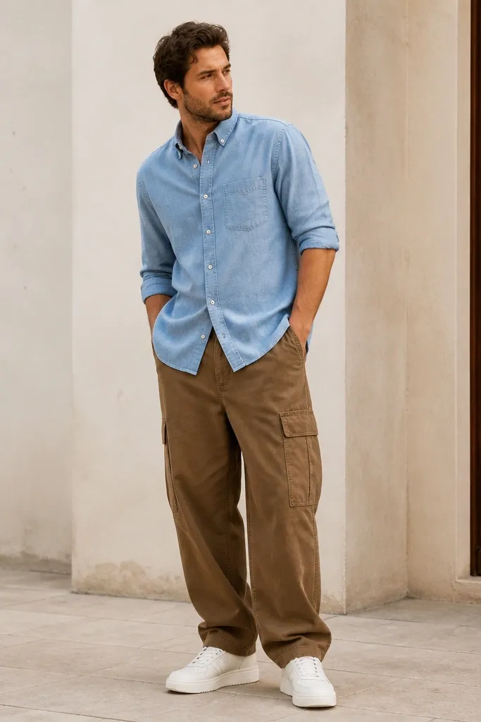 A man wearing a light sky blue chambray button-up, sleeves rolled to mid-forearm, with caramel brown baggy cargo pants. He wears clean white trainers and keeps the shirt slightly untucked at the back. The hem of the shirt sits around mid-hip.