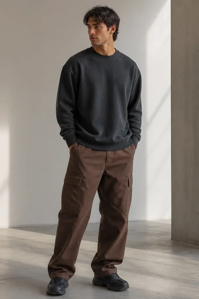 A man wearing a charcoal crewneck sweatshirt with a relaxed fit, paired with mocha brown baggy cargo pants. He has black chunky sneakers and the sweatshirt hem sits at mid-hip. The cargos show side pockets and a slight break at the ankle.