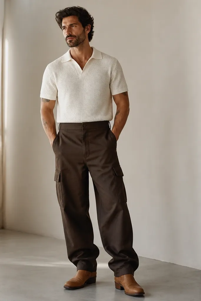 A man wearing a white knit polo with short sleeves, paired with espresso brown baggy cargo pants. He's wearing tan leather boots and the polo is tucked in a clean front tuck. The boots show a slight heel and the pants stack over the boot tops.