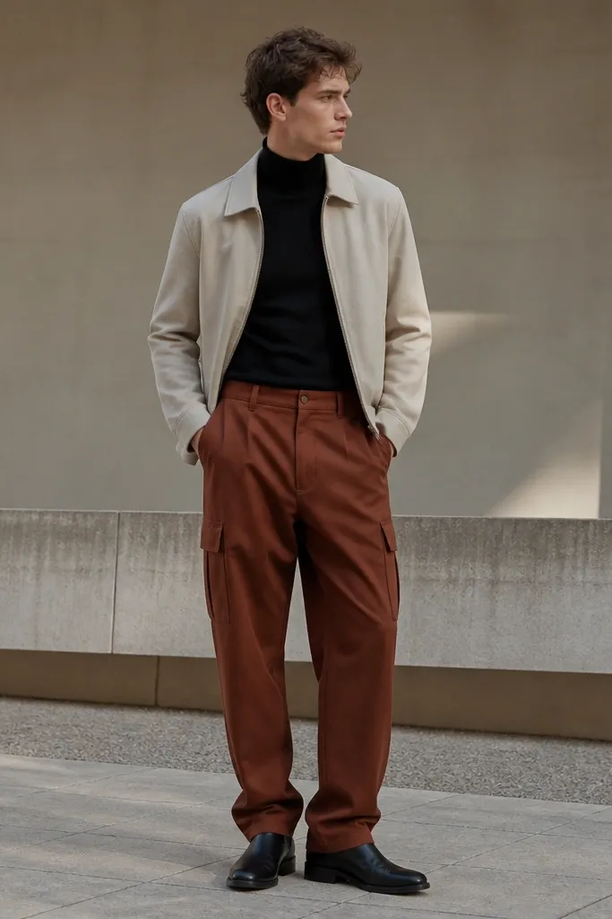 A man wearing a black fitted turtleneck under a light jacket, with rust-brown baggy cargo pants. He has black Chelsea boots and the jacket hem sits mid-hip. The cargo pockets and belt loops are visible and the pants drape straight with a small stack.