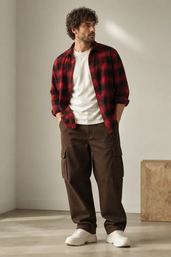 A man in a red and black flannel button-up worn open over a tee, with dark brown baggy cargo pants. He wears white work sneakers and the flannel sleeves are rolled slightly. The cargos have visible thigh pocket details.