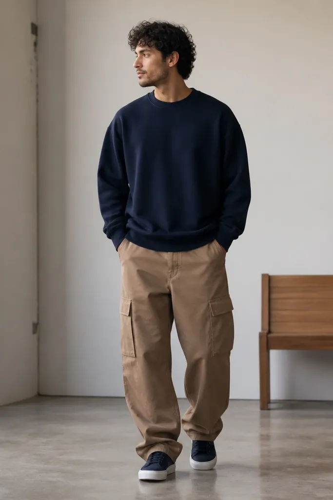 A man wearing a navy crewneck sweatshirt with a relaxed fit, paired with light brown baggy cargo pants. He wears sneakers that are navy with white soles. The pants show side pockets and a clean hem stack.