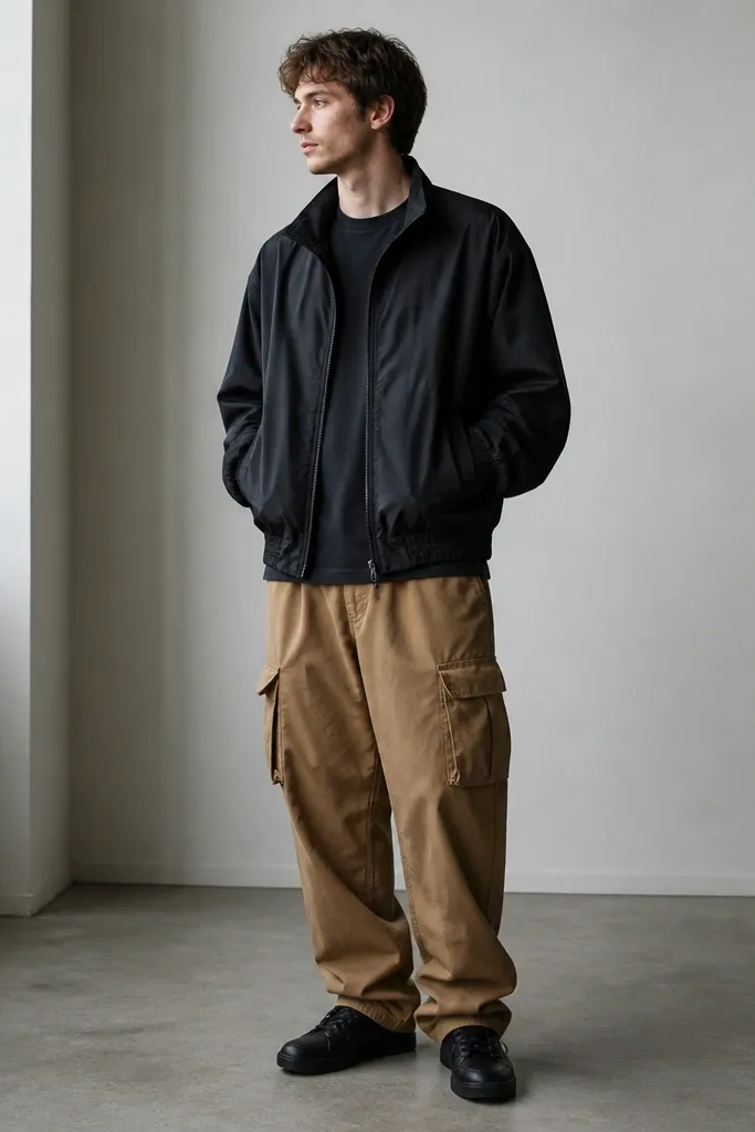A man wearing a black nylon jacket zipped halfway, over a dark tee, with tan brown baggy cargo pants. He has black low-top sneakers and the jacket hem hits mid-hip. The cargos drape with a moderate stack at the ankle.