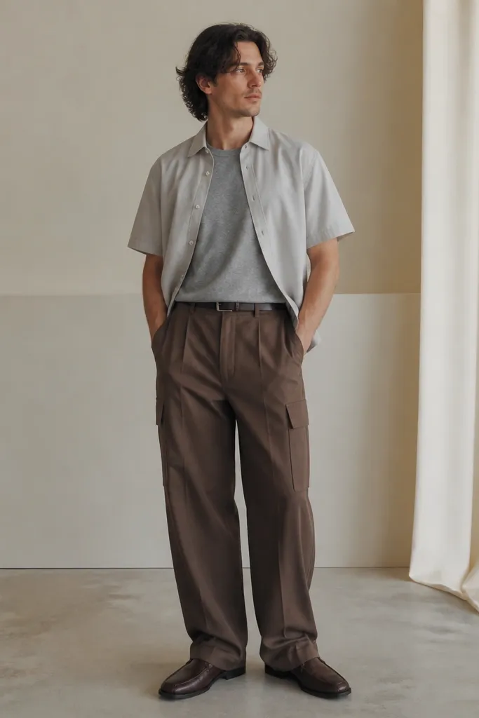 A man wearing a gray t-shirt with a thin overshirt or short dress-shirt layer on top, paired with mocha brown baggy cargo pants. He's wearing brown loafers and the overshirt is slightly untucked. The photo shows the pants stacking at the ankle and a clean belt line.