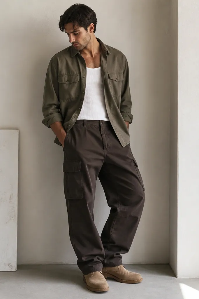 A man wearing a white tank top under a lightly open olive utility shirt, paired with espresso brown baggy cargo pants. He wears desert boots in tan suede and the pants show a relaxed baggy thigh with a stack at the ankle.