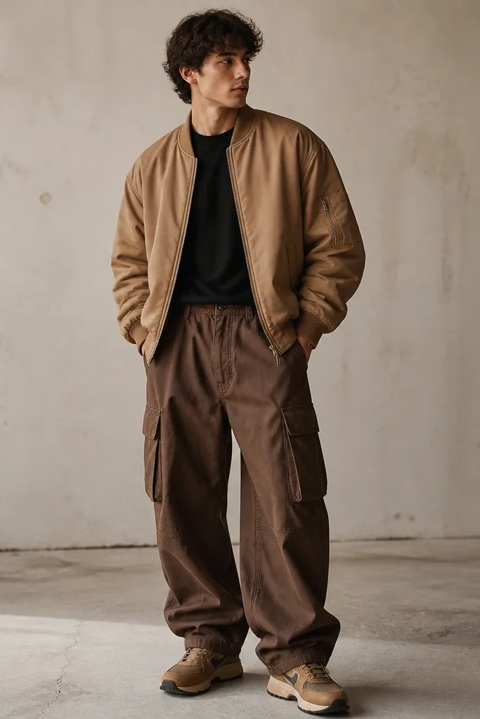 A man in a plain black tee tucked at the front, wearing brown baggy cargo pants. He has a tan bomber jacket with ribbed cuffs, and tan-brown sneakers. The bomber hem sits around mid-hip.