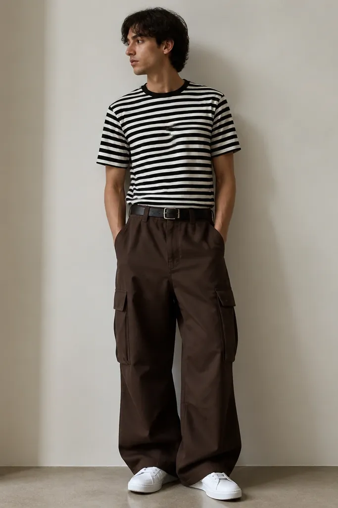 A man wearing a black-and-white striped tee, paired with dark brown baggy cargo pants. He has a black leather belt with a visible buckle and white sneakers. The striped shirt is tucked at the front and the stripes align neatly across the chest.