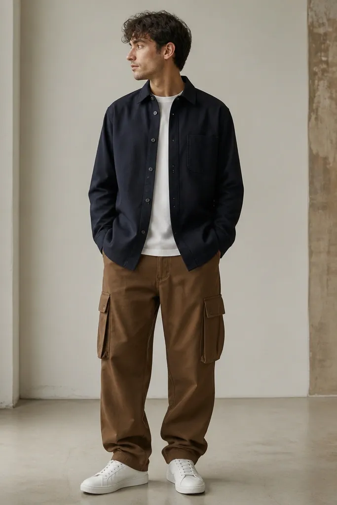 A man wearing a navy shirt jacket over a plain tee, paired with cognac brown baggy cargo pants. He wears white leather sneakers with minimal branding. The shirt jacket hem sits at mid-hip and the pants stack slightly at the ankle.