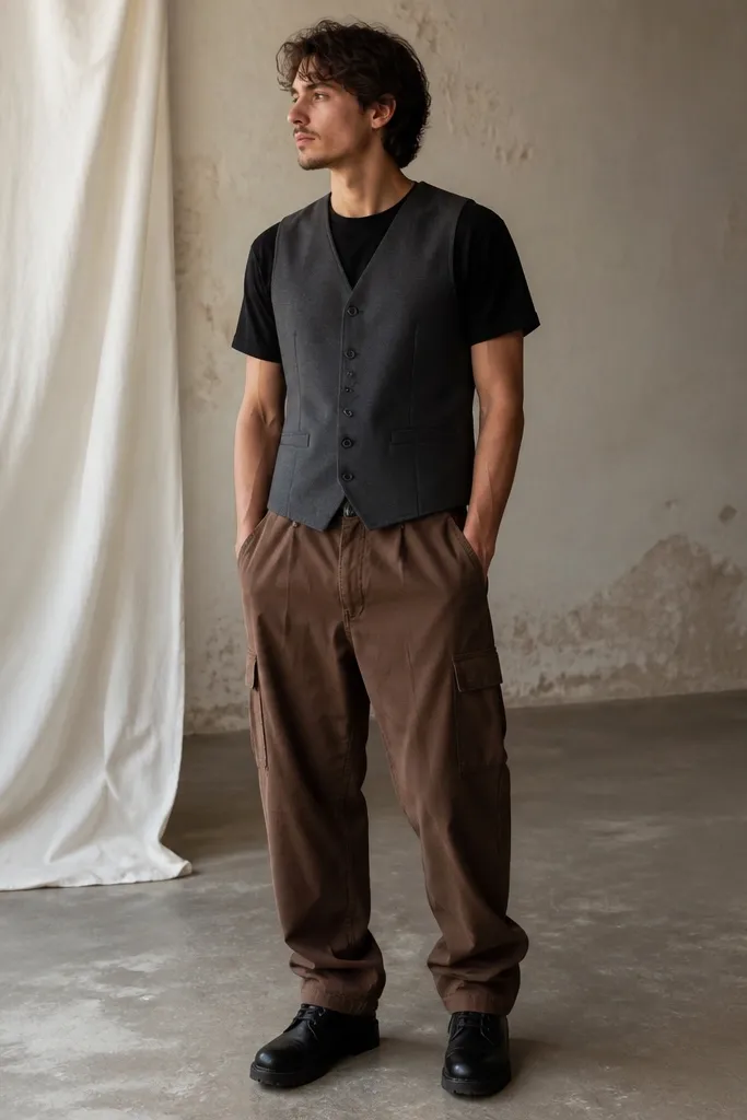 A man wearing a gray work vest over a black tee, paired with brown baggy cargo pants. He has combat boots and the vest is buttoned, creating a strong center line. The pants show a relaxed fit and a clear hem break over the boots.