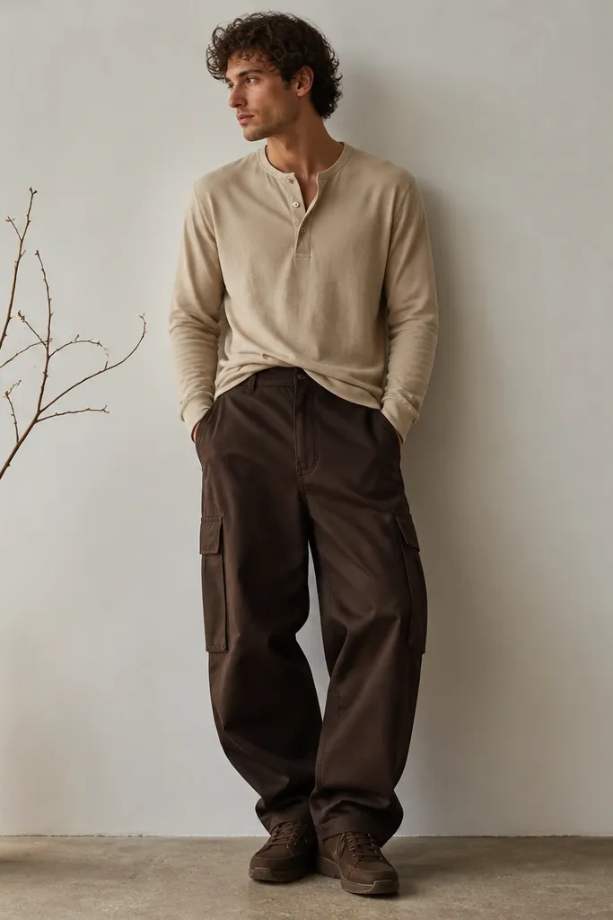 A man wearing a beige long-sleeve henley with buttons at the neck, paired with dark brown baggy cargo pants. He has dark brown sneakers and the henley is slightly tucked at the front. The pants show side pockets and a relaxed drape.